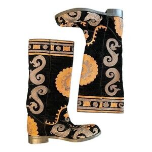 Womens  Maliparmi Black Floral Embroidered 14”  Mid Calf Block Heel  Boots Sz 37